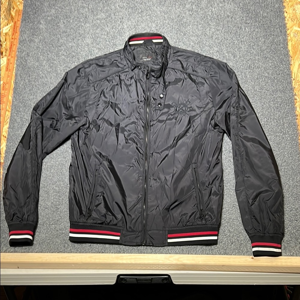Zara Black Bomber Jacket with Red and White Stripes